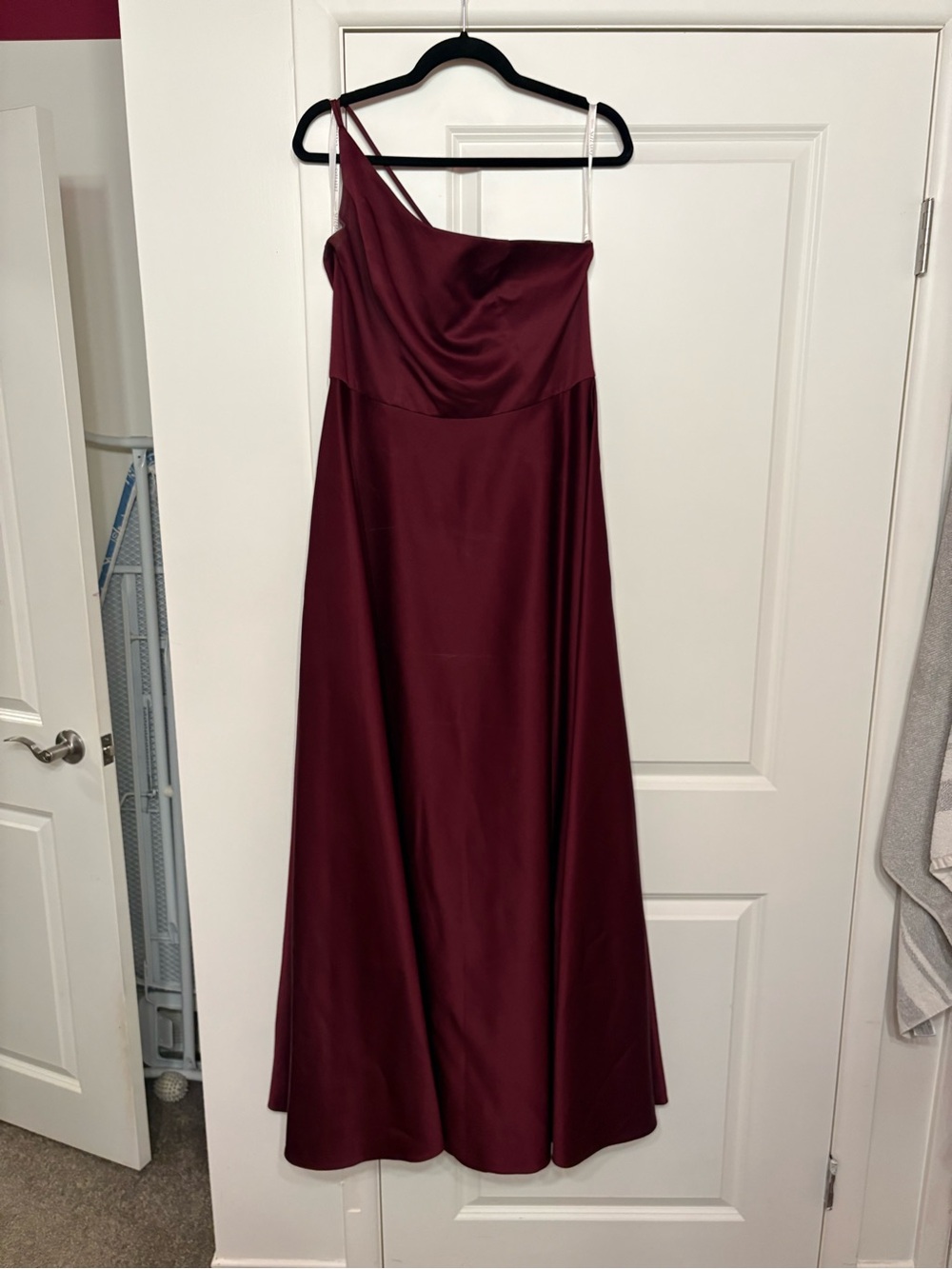 David's Bridal One-Shoulder Burgundy Satin Gown